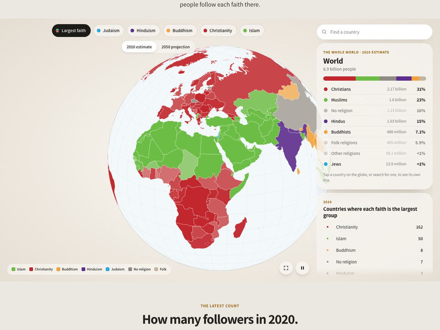 Interactive globe of the world's major beliefs by country
